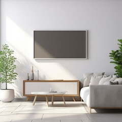 lifestyle photo Blank modern flat screen TV hanging on wal.