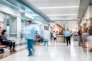 Blurred Motion: Busy Hospital Hallway with Patients and Healthcare Professionals in Motion, Capturing the Dynamic Atmosphere of Medical Care