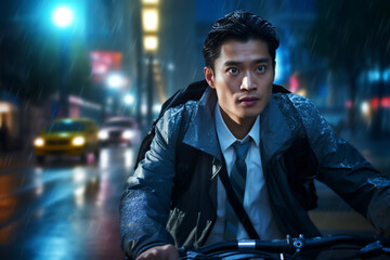 A beautiful young adult of Mongolianformal man riding his bicycle to work, a frontside portrait of a guy commuting on a bicycle on a rainy day in an urban street at midnight 