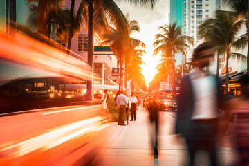 Blurred Motion: Bustling Sunset Scene in Miami with Sidewalks, Pedestrians, Bus, Palm Trees, and Shops, Capturing the Dynamic Energy of the City
