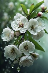 Blossoming Cherry Branch with White Flowers Dotted with Water Droplets