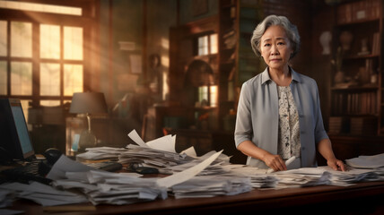 A tired and frustrated elderly and Asian business woman is standing in front of her wooden office desk with her hands crumbling a paper with side-lighting 