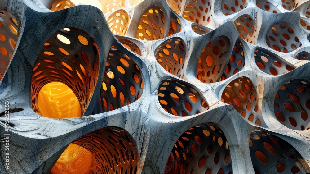 Poster 3d rendering of wavy structure with perforated marble texture in modern style