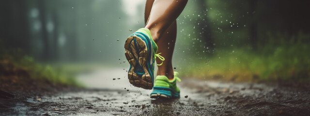 Lady or female / woman Latin trail runner running on a forest path with a close-up of the trail running shoes during a rainy day 