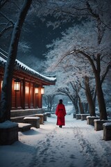 Woman in Red Walking on Path under Full Moon in Winter Park,