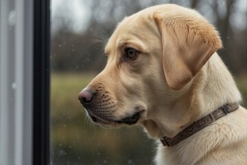 Fluffy Cute Pale Labrador Retriever Puppy Looking Out of the Window, Awaits Its Owner