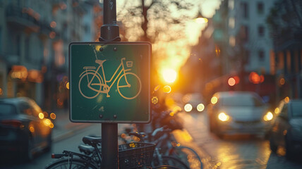 Bicycle sign at sunset on city street - obrazy, fototapety, plakaty