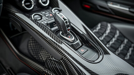 Close-up of a car's gear shift area.
