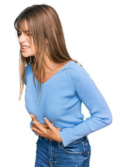 Teenager caucasian girl wearing casual clothes with hand on stomach because nausea, painful disease...