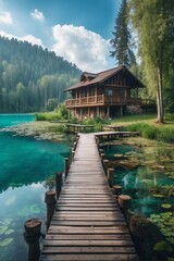 Fototapeta na wymiar Wooden Bridge over a Pond, Beautiful House on the Shore of a Forest Lake