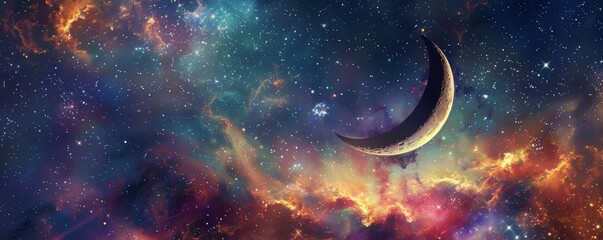 Obraz na płótnie Canvas Crescent moon in a colorful nebula sky