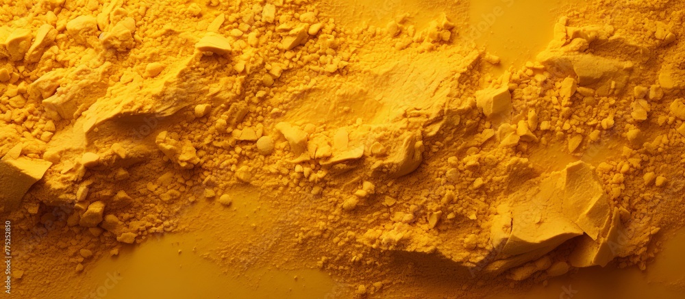 Poster yellow powdered seasoning is piled up closely in a heap on a flat tabletop, creating an eye-catching