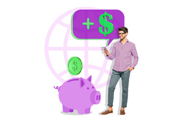 Creative abstract template collage of saving piggy young businessman dollar device earning money...