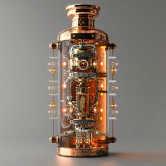A steampunk-inspired lamp encases a sophisticated mechanical structure within a glass capsule, illuminated by warm, ambient lights.