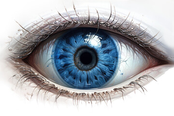 Azure Ocean: A Captivating Close-Up of a Vibrant Blue Eye. White or PNG Transparent Background.