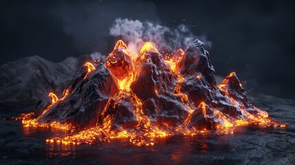 Dramatic digital artwork of a miniature volcanic landscape erupting with glowing lava and smoke, set against a dark, foreboding sky.