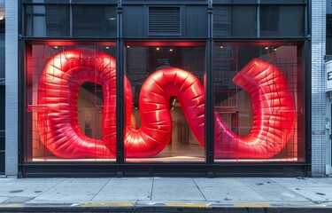 An eye-catching display of enormous red inflatable tubes creating a bold visual statement in a modern storefront window setting. - obrazy, fototapety, plakaty