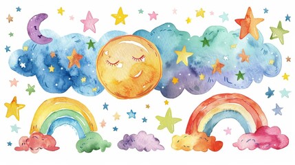 Colorful Watercolor Illustration with Rainbows, Clouds, and Stars Generative AI