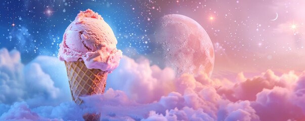 Surreal ice cream cone against starry sky and moon - obrazy, fototapety, plakaty