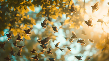 Birds chirping in the branches overhead - obrazy, fototapety, plakaty