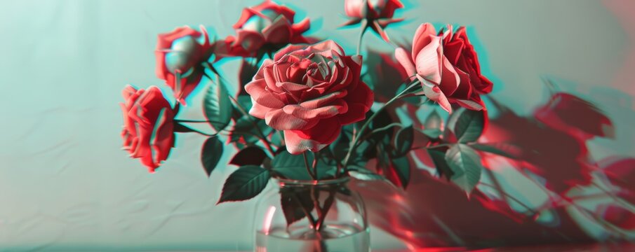 Red roses with anaglyph 3D effect in glass vase