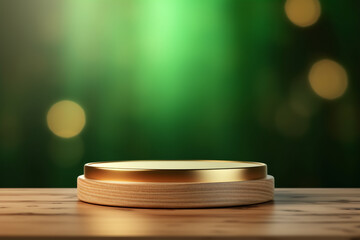 An empty round wooden podium set amidst a green background with water drops and minimalist background a product display background or wallpaper concept with front-lighting 