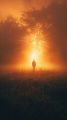 Silhouette of a person standing in mist at sunrise - obrazy, fototapety, plakaty