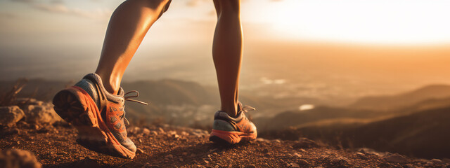 Lady or female / woman South-African trail runner running on a mountain hill with a close-up of the trail running shoes during sunset 