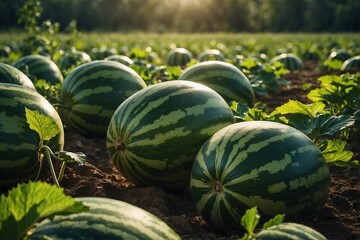 Watermelons Growing in Field under Bright Sunlight