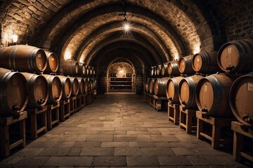 Wine Cellar with Wooden Barrels and Grapes by Large Arches