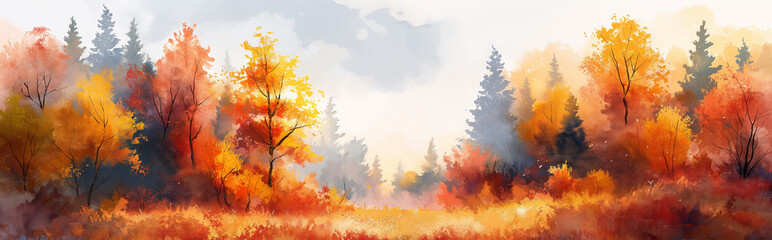 Naklejka na ściany i meble landscape of a mixed forest in the middle zone in bright autumn colors, watercolor illustration