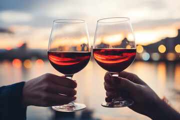 two people hands toasting with red wine glasses during on a holiday with a city background during the day, a happy celebration concept 