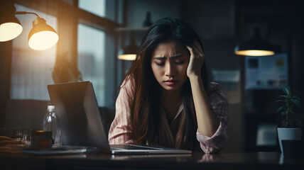 A tired and frustrated young adult and Asian business woman is sitting at her modern office desk with her hands in her hair with backlighting 