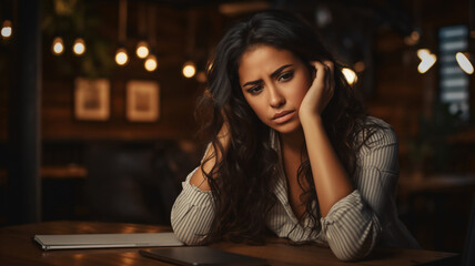 A tired and frustrated young adult and Latin business woman is sitting at her wooden office desk with her hands in her hair with side-lighting 