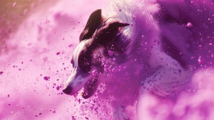  A majestic Border Collie mid-air, surrounded by a cascade of vivid purple powder, with the sun casting soft golden light on its fur
