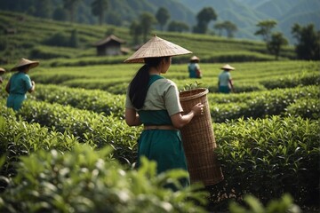Naklejka na ściany i meble Woman Collecting Tea Leaves in a Tea Plantation