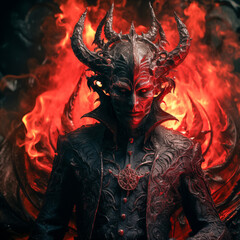 Man in image of devil on fire background 