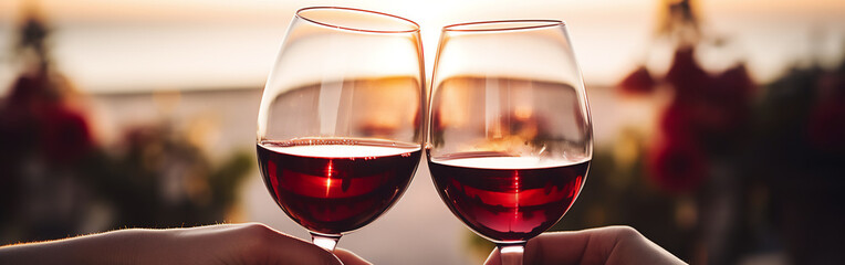 Two female hands toasting or clinking with red wine glasses on a summer and minimalist background 