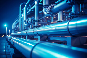  Close up of pipeline and pipe rack of industrial plant or industrial refinery factor with a clear sky at night; the future of energy  - obrazy, fototapety, plakaty