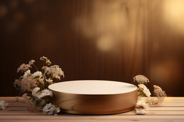 An empty round wooden podium set amidst a flowers and silk and minimalist background a product display background or wallpaper concept with backlighting 