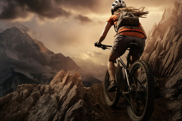 A stunning foto of a adult and Caucasian woman riding her bicycle on a rocky mountain, a backside portrait of a girl racing her mountain-bike on a dusty hillside full of rocks at sunset  - obrazy, fototapety, plakaty