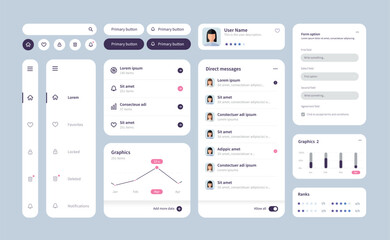 Big and improved ui kit for web designing, mobile apps with the different buttons, charts, diagrams, menu, search, tabs and others.