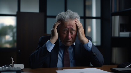 A tired and frustrated elderly and Latin business man is sitting at his modern office desk with his hands in her hair with side-lighting 