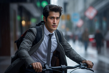 A beautiful young adult of Mongolianformal man riding his bicycle to work, a backside portrait of a guy commuting on a bicycle on a rainy day in an urban street at mid-day 