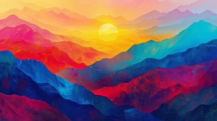 Colorful digital artwork of mountain landscape at sunset - obrazy, fototapety, plakaty
