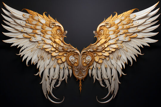 Embrace the enchanting sight of a pair of majestic gold wings and feathers, gracefully poised against a translucent canvas. Generative AI,