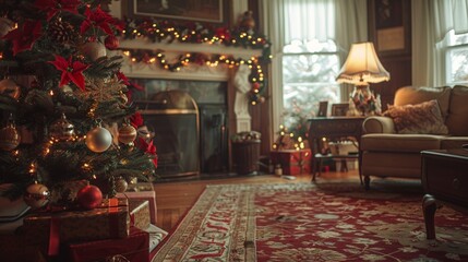 Nostalgic holiday home interior with warm tones, detailed decoration, and candid laughter - obrazy, fototapety, plakaty