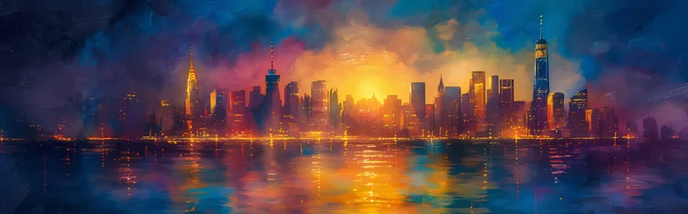 Fotobehang Aquarelschilderij wolkenkrabber colorful night city with skyscrapers watercolor illustration