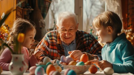 The elderly couple, young boy, and fruit are at the table sharing natural foods while decorating...
