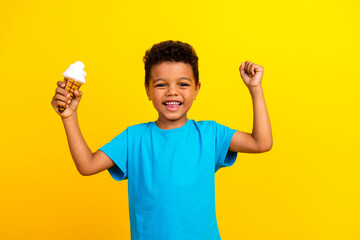 Portrait of optimistic little schoolboy with afro hair wear blue t-shirt hold ice cream clenching...